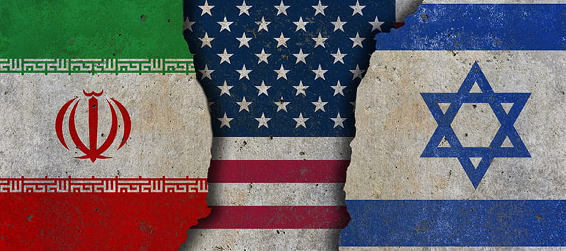 Flags of Iran, the United States and Israel side by side