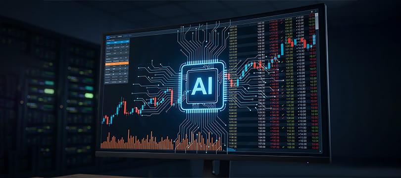 A monitor showing a glowing AI chip over a candlestick chart and columns of stock prices in a dark server room