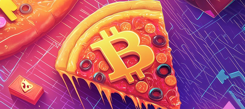 Bitcoin coin on a colorful background, marking Bitcoin Pizza Day
