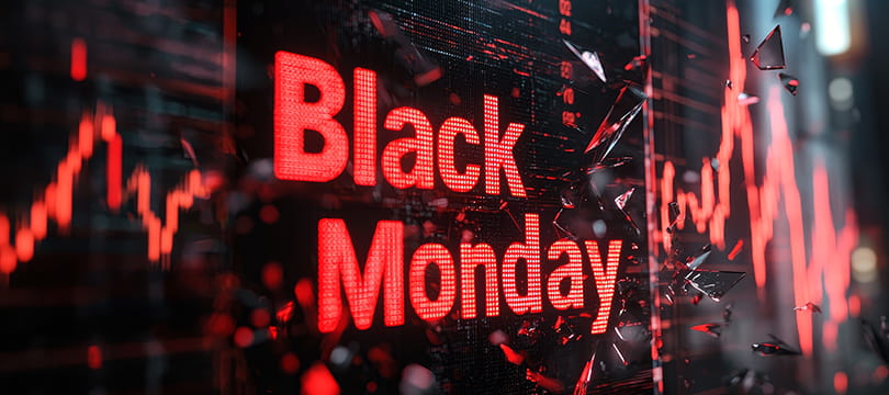 The words Black Monday in red over a falling stock market chart