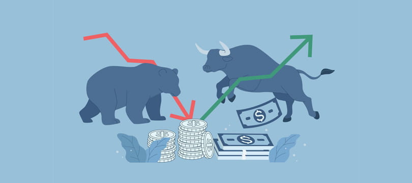Illustration of a bull and a bear facing each other over a market chart