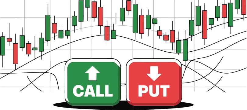 Green call and red put buttons in front of a candlestick chart