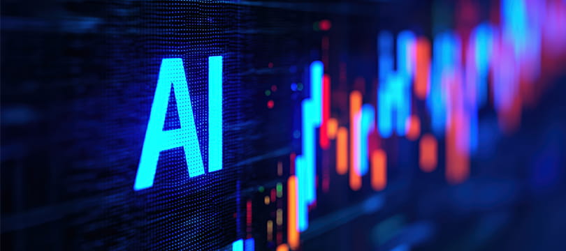 AI lettering glowing on a dark screen beside colourful candlestick charts