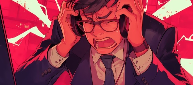Illustration of a panicking trader gripping his headphones in front of a trading screen