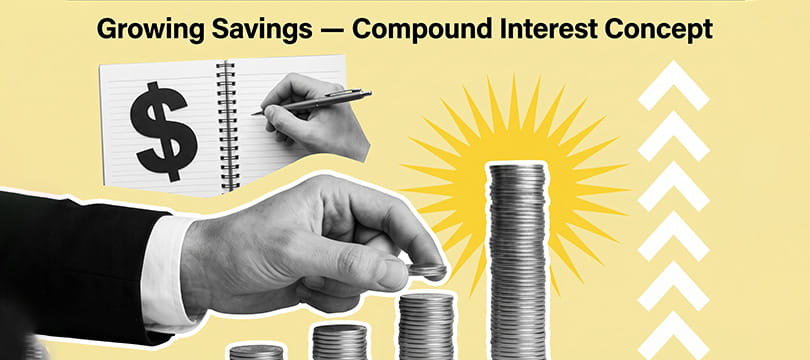 A hand watering plants growing from coins, illustrating compound interest