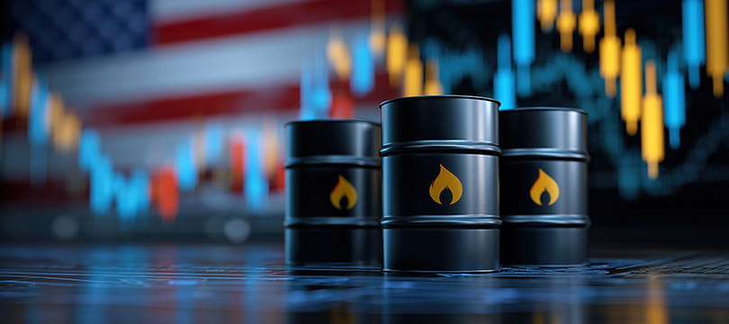 Three black oil barrels on a desk in front of a candlestick chart, with a US flag in the background
