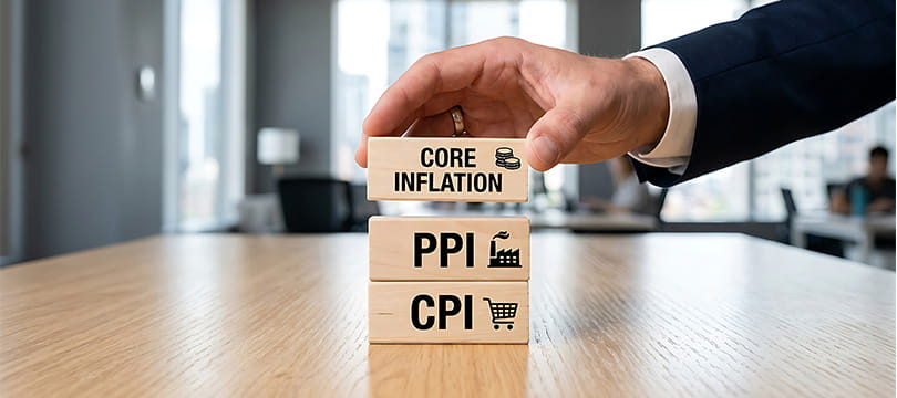 Wooden blocks showing CPI, PPI and core inflation labels on a desk