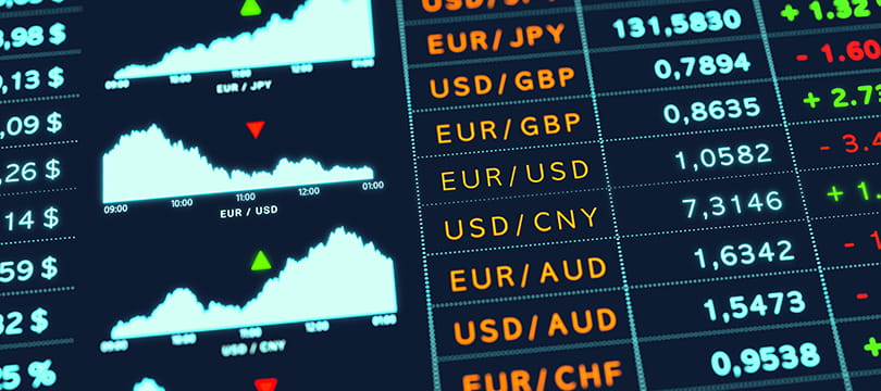 A currency quote board listing pairs such as EUR/USD, USD/CNY and EUR/CHF next to small intraday charts