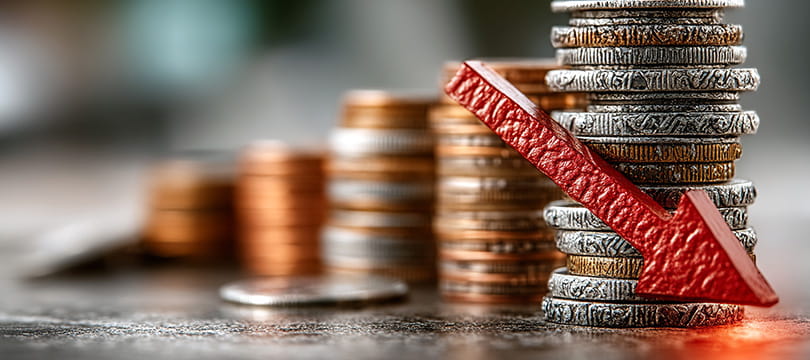 Stacks of coins declining with a red arrow, illustrating deflation