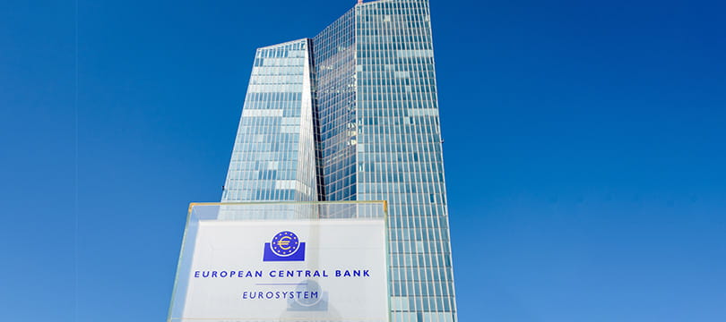 The European Central Bank building in Frankfurt seen from below