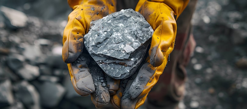 Hands holding raw ore, representing industrial metals for the energy transition