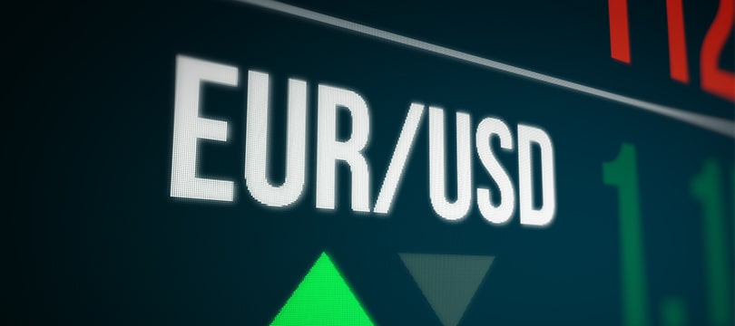 EUR/USD exchange rate displayed on a financial ticker board
