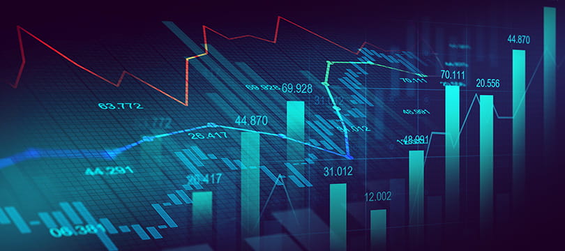 Financial chart overlaid on a city skyline, representing fiscal and monetary policy