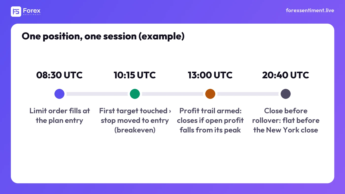 Timeline of an example position through one session: fill at 08:30 UTC, breakeven at 10:15, profit trail armed at 13:00, closed before the rollover at 20:40