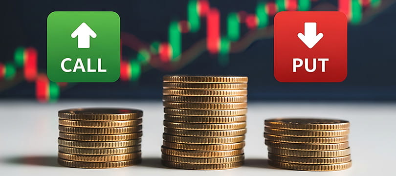 Call and put labels above stacked coins and a candlestick chart