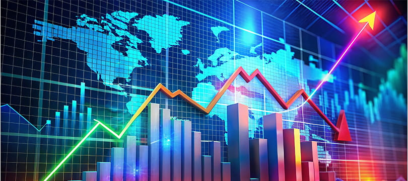 World map with financial charts overlaid, representing global GDP data