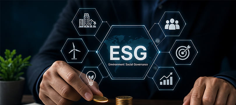 Hand placing a coin on a stack in front of a glowing ESG hexagon surrounded by icons for buildings, wind power, a light bulb with a leaf, people, targets and growth