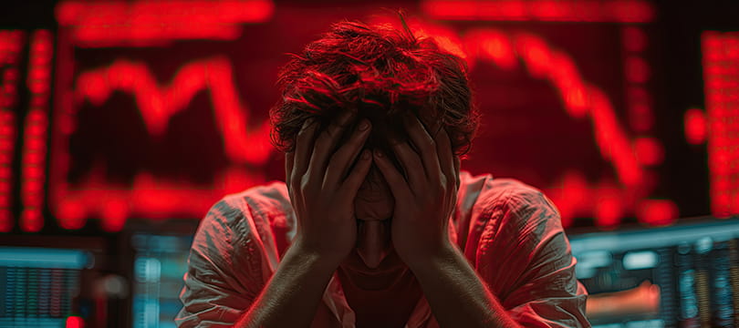 A trader holding his head in his hands in front of screens showing falling red charts