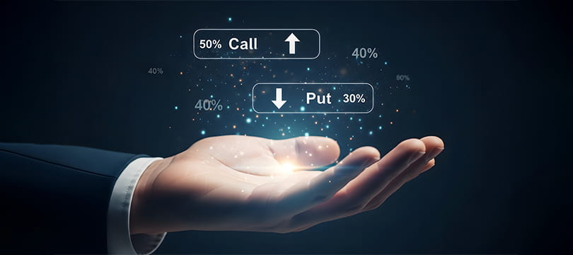 A hand selecting call and put buttons on a digital options interface