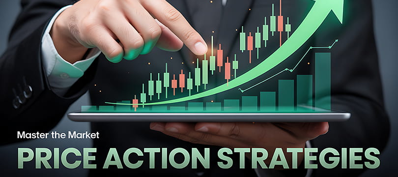Hand pointing at a rising candlestick chart projected over a tablet, with the words price action strategies