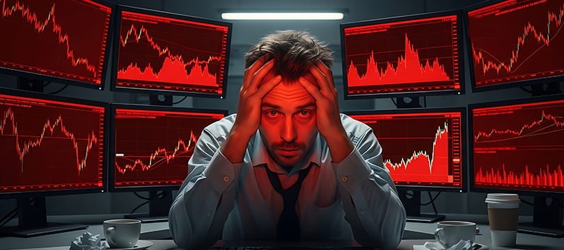 A trader holding his head in his hands at a desk surrounded by monitors showing falling red charts