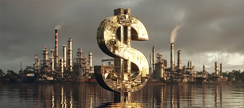 Oil refinery at sunset with a dollar sign, illustrating the petrodollar system