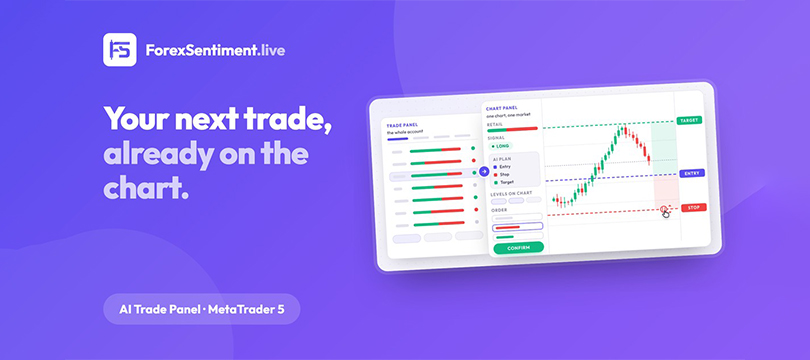ForexSentiment.live card reading Your next trade, already on the chart, with a schematic of the Trade Panel list and the Chart Panel next to a candlestick chart with entry, stop and target lines, labeled AI Trade Panel MetaTrader 5