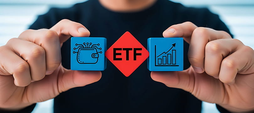 Hands holding blocks that spell ETF with chart icons beside them