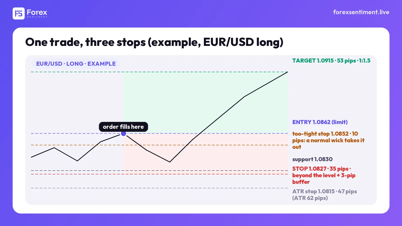 Price path diagram of an example EUR/USD long with the entry at 1.0862, a structural stop just below the 1.0830 support, an ATR-based stop further down, a too-tight stop inside the noise and the target at 1.0915