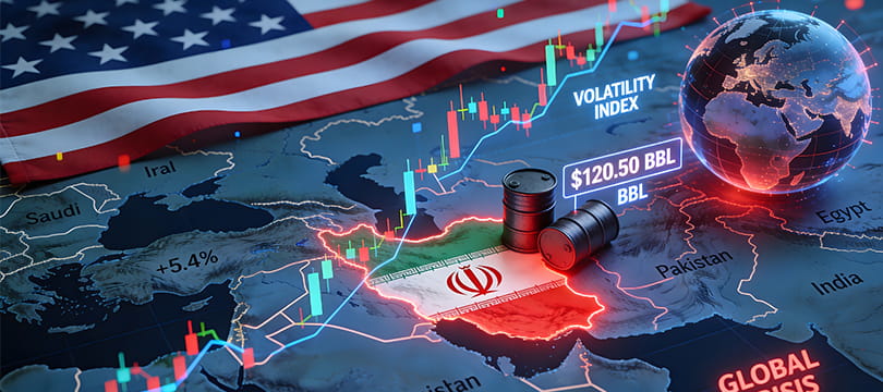Middle East map with a market chart overlay and a US flag in the background