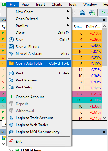 MT5: File menu with Open Data Folder