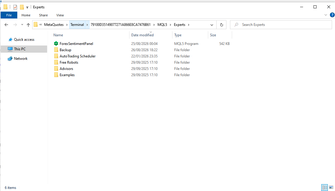 The MQL5/Experts folder with ForexSentimentPanel.ex5