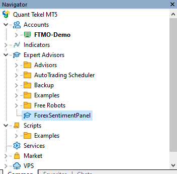 MT5 Navigator showing ForexSentimentPanel