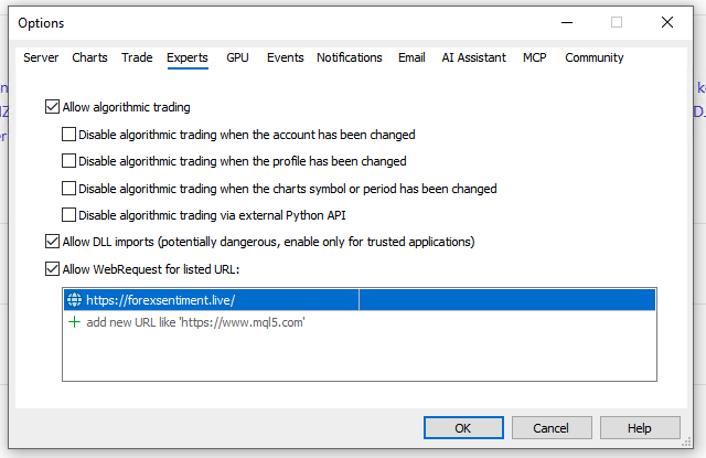 Options window, Expert Advisors tab, WebRequest URL whitelist