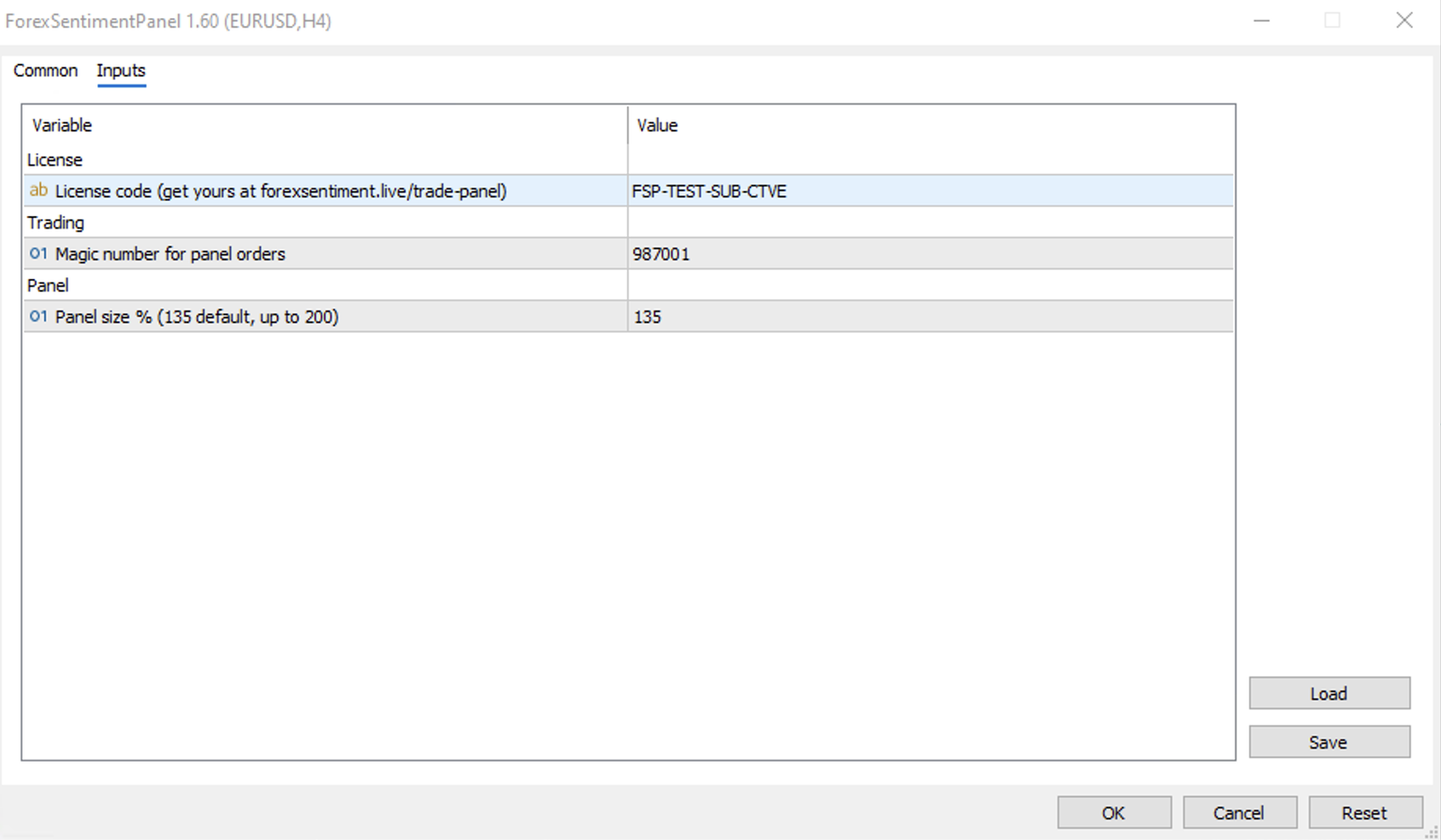 EA dialog, Inputs tab, License code field