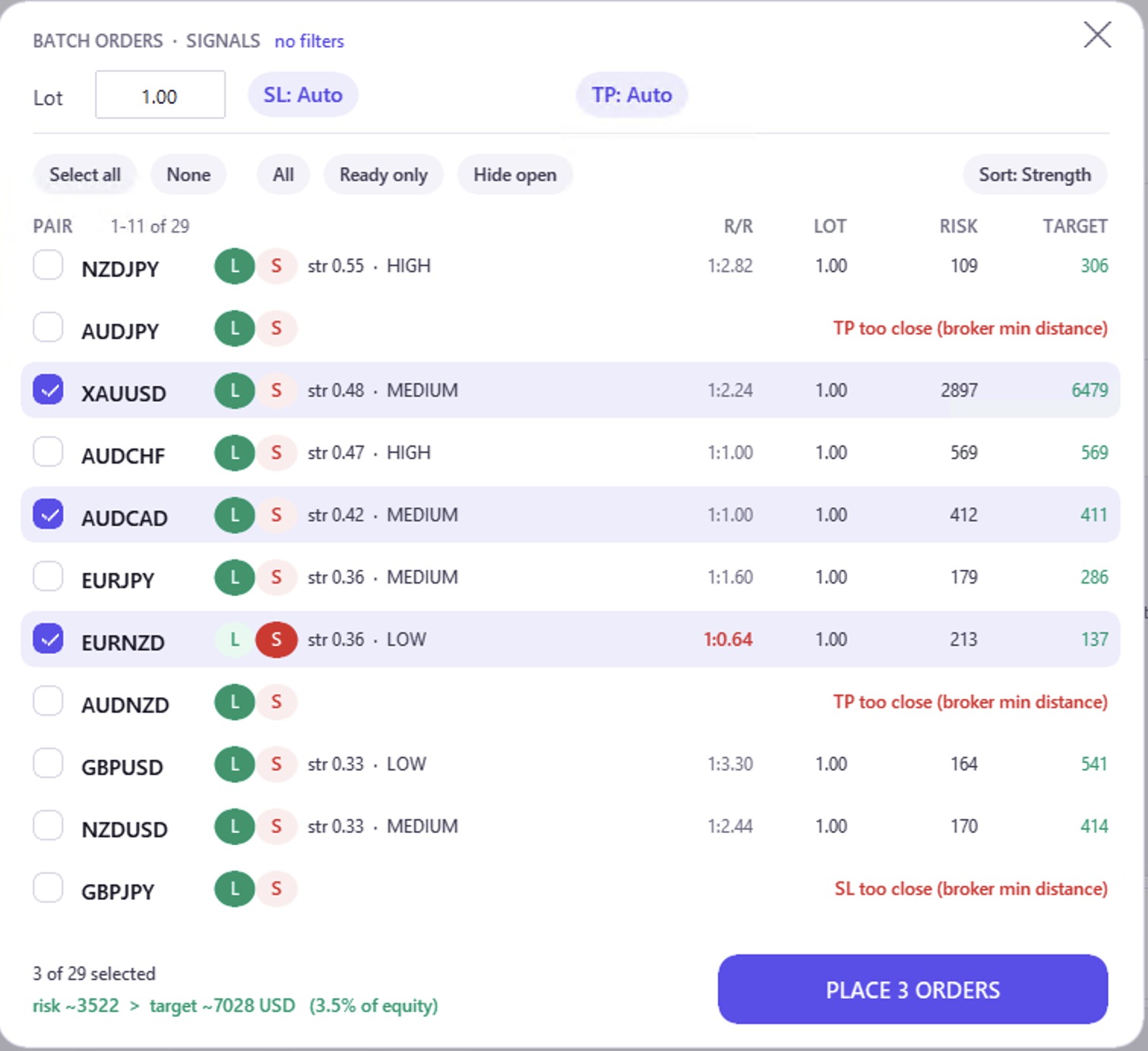 The Batch view with ticked rows