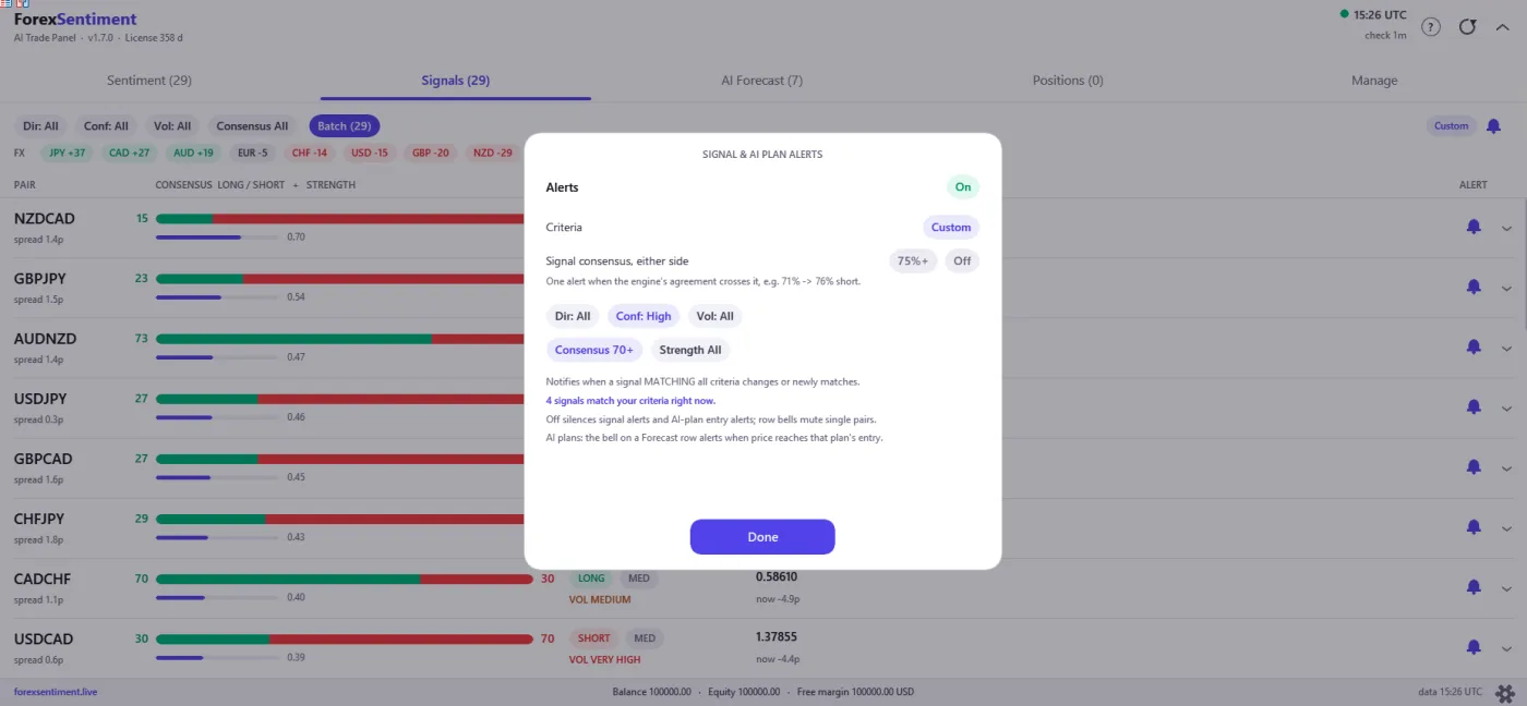 La ventana de avisos Signal & AI plan: criterios de dirección, confianza, volatilidad, consenso y fuerza, y un umbral sobre el consenso de la señal