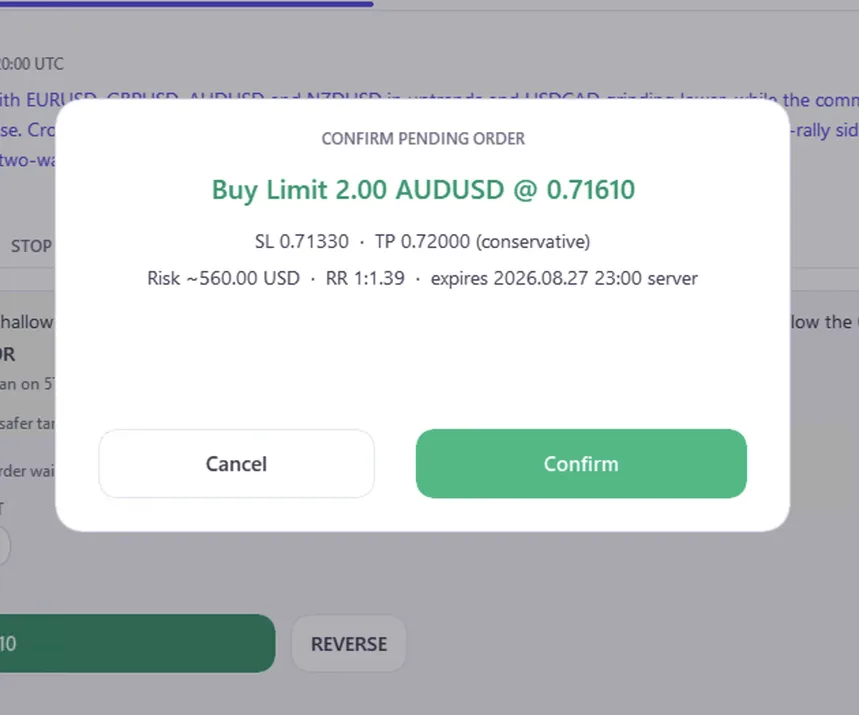 La ventana de confirmación de la orden: tipo de orden, lotes, símbolo y precio, stop, objetivo, riesgo, relación riesgo/beneficio y vencimiento, con Cancel y Confirm